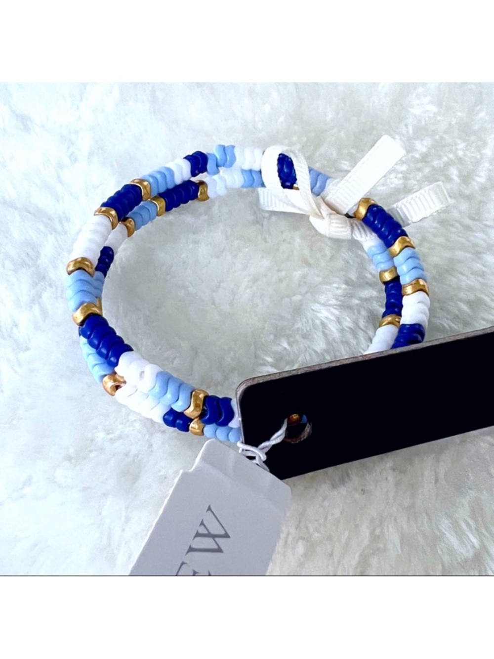 J. Crew Blue and White  2 piece Chevron Color block Beaded Stretch Bracelets - Picture 3 of 4